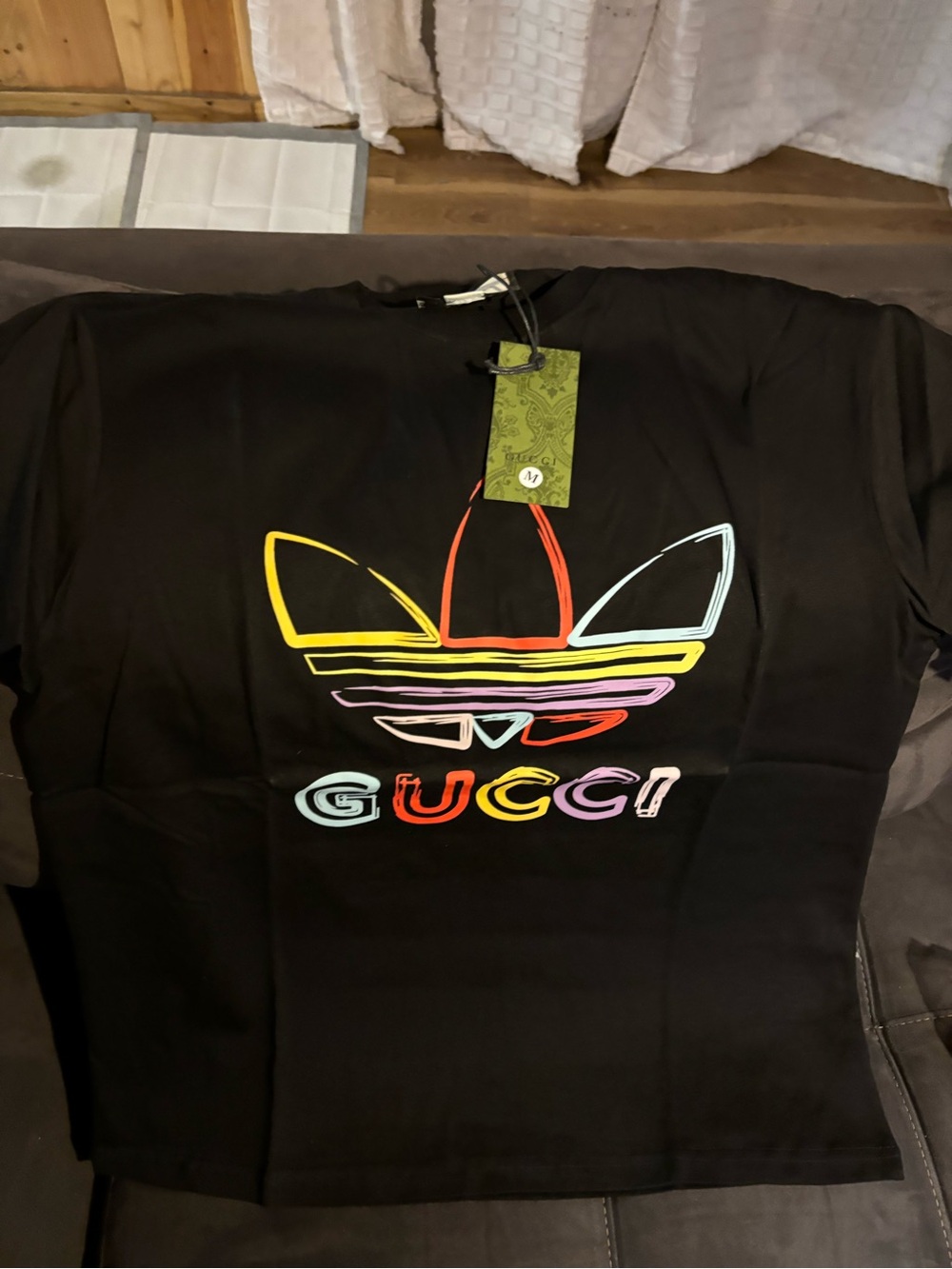 Gucci Black Short Sleeve Tee with Neon Rainbow Logo